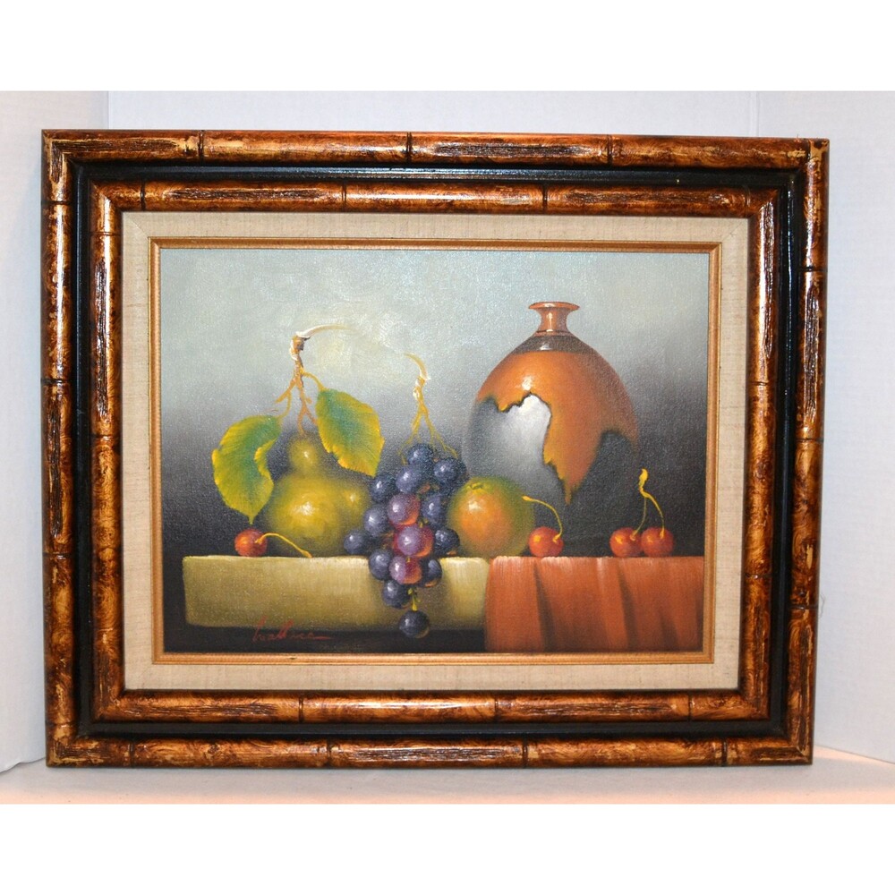 Vintage Art Framed Still Life with Flagon Dutch Fruit & Grapes